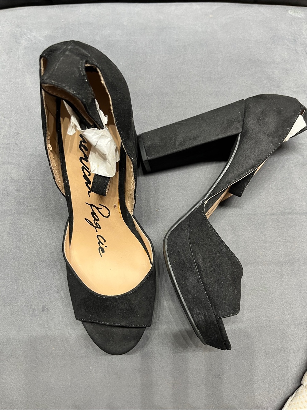 American Rag Black Suede Peep-Toe Ankle Strap Heels